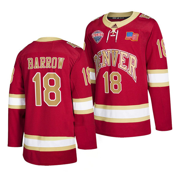 Mens Denver Pioneers #18 Ryan Barrow Crimson College Hockey Game Jersey
