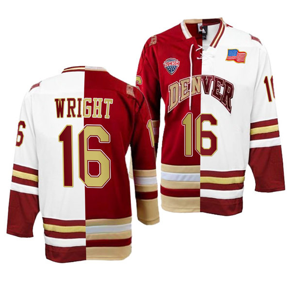 Mens Denver Pioneers #16 Cameron Wright College Hockey Crimson White Split Two Tone Edtion Jersey