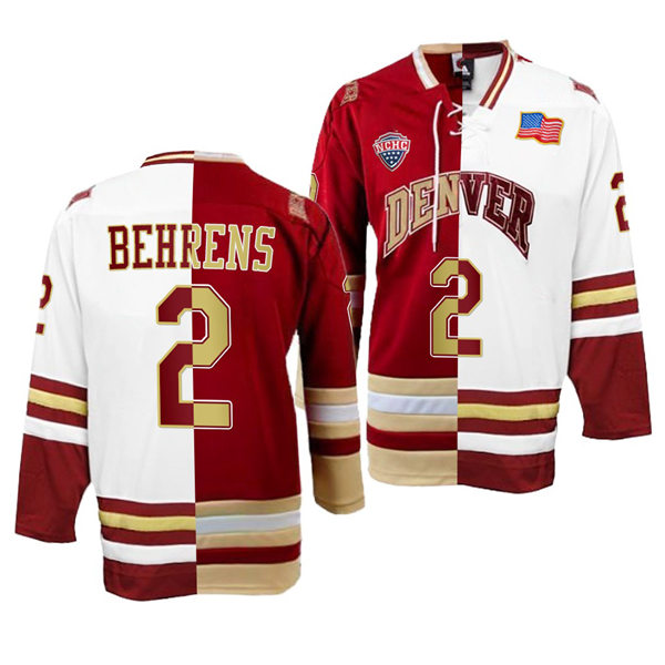 Mens Denver Pioneers #2 Sean Behrens College Hockey Crimson White Split Two Tone Edtion Jersey