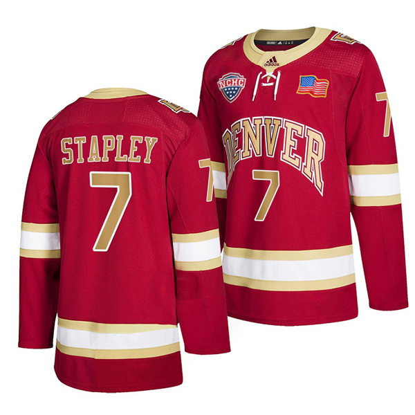 Mens Denver Pioneers #7 Brett Stapley Crimson College Hockey Game Jersey