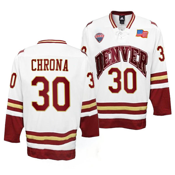 Mens Denver Pioneers #30 Magnus Chrona White College Hockey Game Jersey