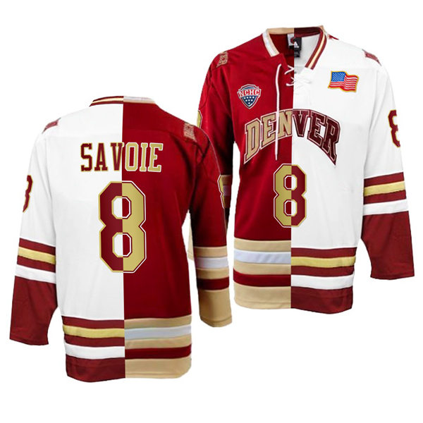 Mens Denver Pioneers #8 Carter Savoie College Hockey Crimson White Split Two Tone Edtion Jersey