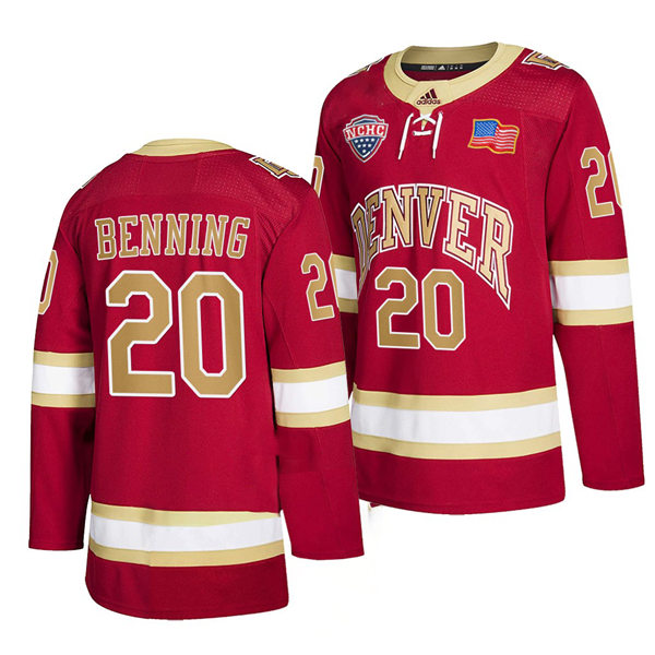 Mens Denver Pioneers #20 Mike Benning Crimson College Hockey Game Jersey