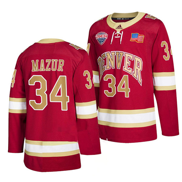 Mens Denver Pioneers #34 Carter Mazur Crimson College Hockey Game Jersey