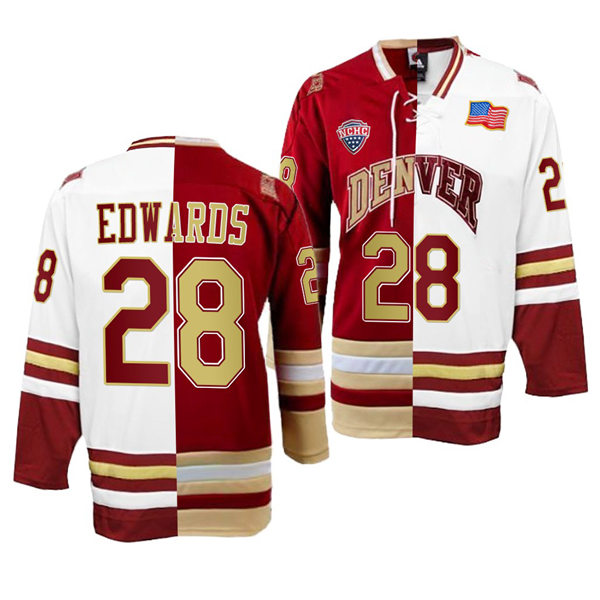 Mens Denver Pioneers #28 Brett Edwards College Hockey Crimson White Split Two Tone Edtion Jersey
