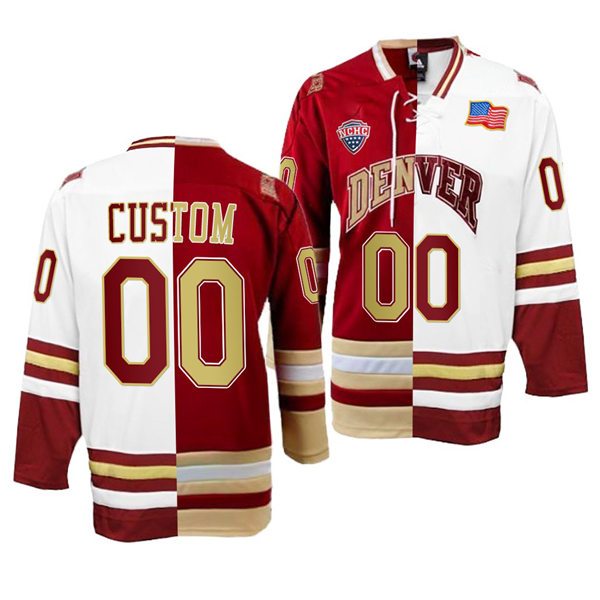 Mens Denver Pioneers Custom College Hockey Adidas Crimson White Split Two Tone Edtion Jersey