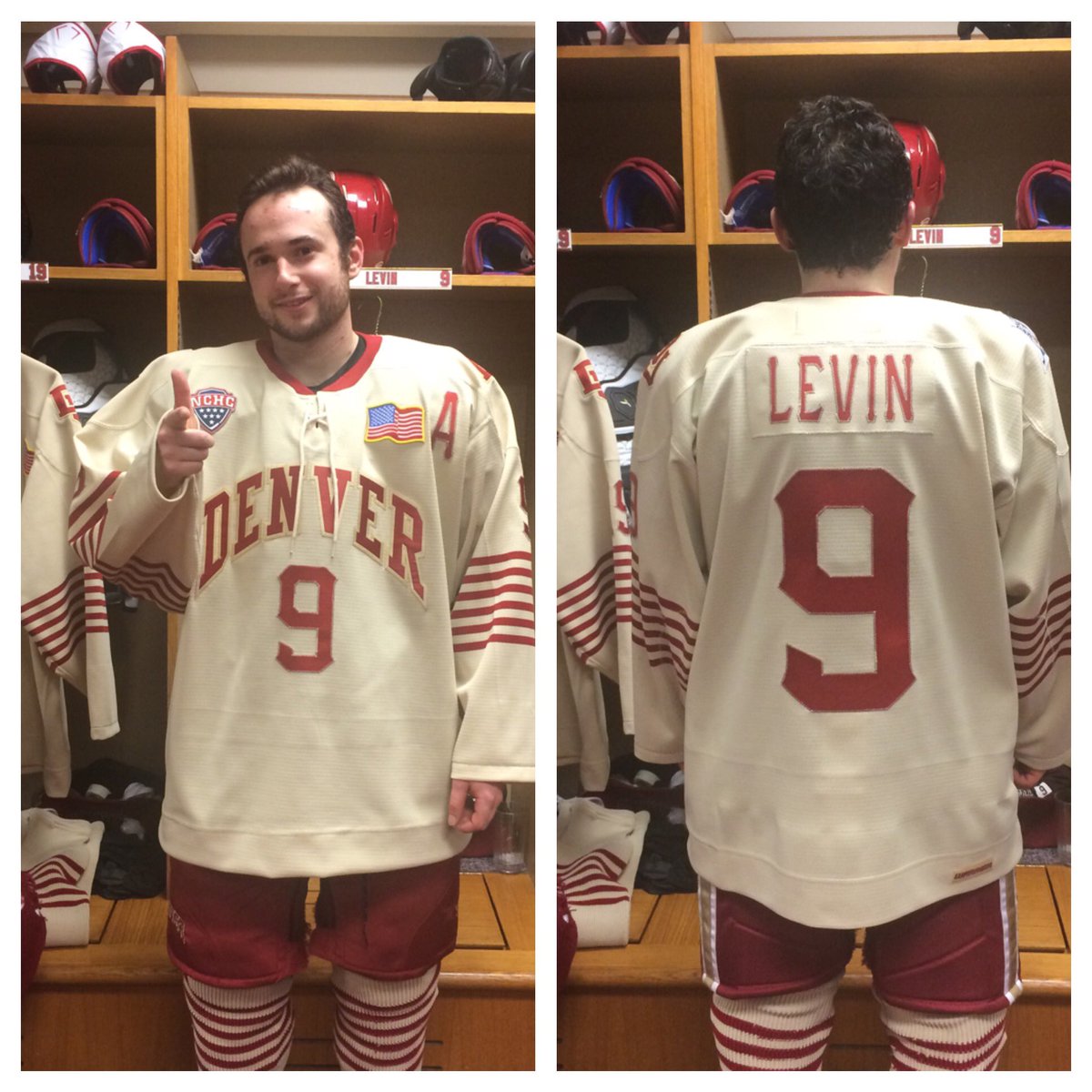 Mens Denver Pioneers Custom Adidas Cream 2016 Battle on Blake College Hockey Retro Jersey