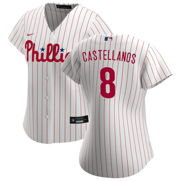 Women's Philadelphia Phillies #8 Nick Castellanos Nike White Pinstripe Home Cool Base Jersey