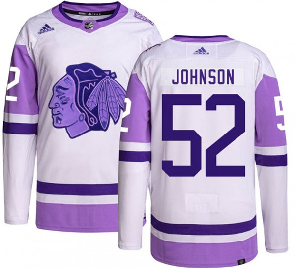 Mens Chicago Blackhawks #52 Reese Johnson 2021-22 White Purple Hockey Fights Cancer Primegreen Jersey