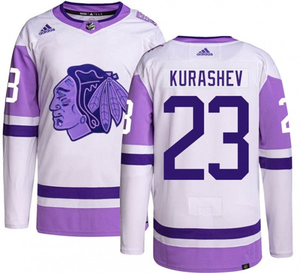 Men's Chicago Blackhawks #23 Philipp Kurashev 2021-22 White Purple Hockey Fights Cancer Primegreen Jersey