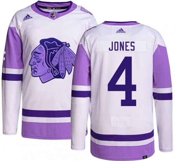 Mens Chicago Blackhawks #4 Seth Jones 2021-22 White Purple Hockey Fights Cancer Primegreen Jersey