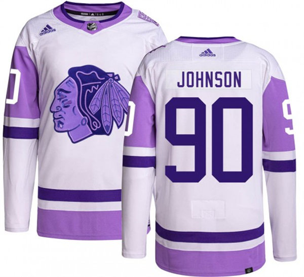 Mens Chicago Blackhawks #90 Tyler Johnson 2021-22 White Purple Hockey Fights Cancer Primegreen Jersey