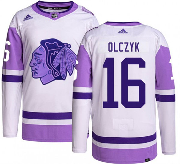 Mens Chicago Blackhawks Retired Player #16 ED OLCZYK 2021-22 White Purple Hockey Fights Cancer Primegreen Jersey