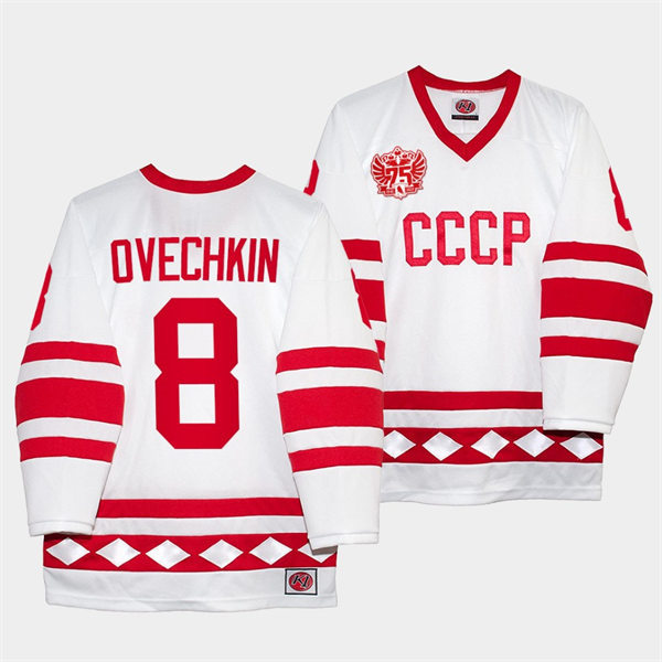 Mens #8 Alexander Ovechkin Russia Hockey White CCCP 75th Anniversary Classic Jersey