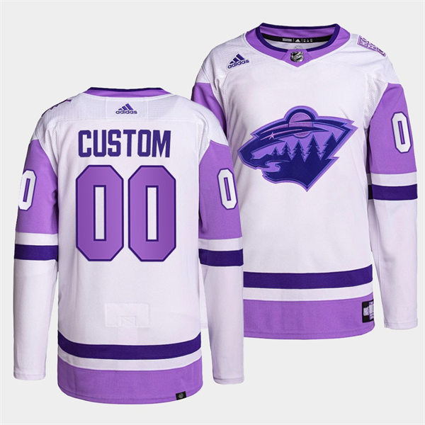 Mens Minnesota Wild Custom 2021-22 White Purple Hockey Fights Cancer Primegreen Jersey 