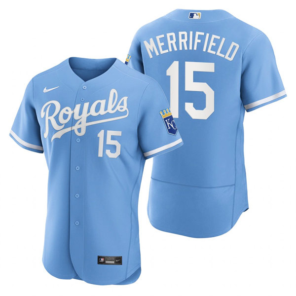 Mens Kansas City Royals #15 Whit Merrifield Nike 2022 Light Blue Alternate FlexBase Player Jersey