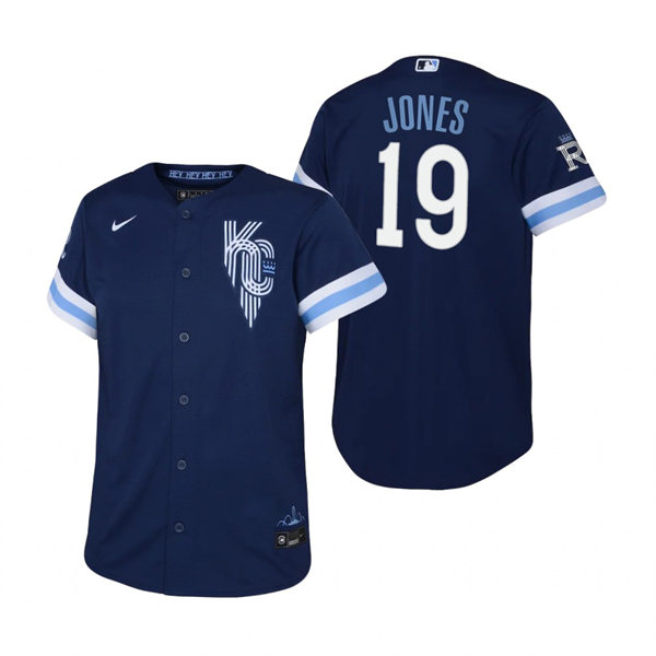 Youth Kansas City Royals #19 JaCoby Jones Nike Navy 2022 City Connect Replica Jersey