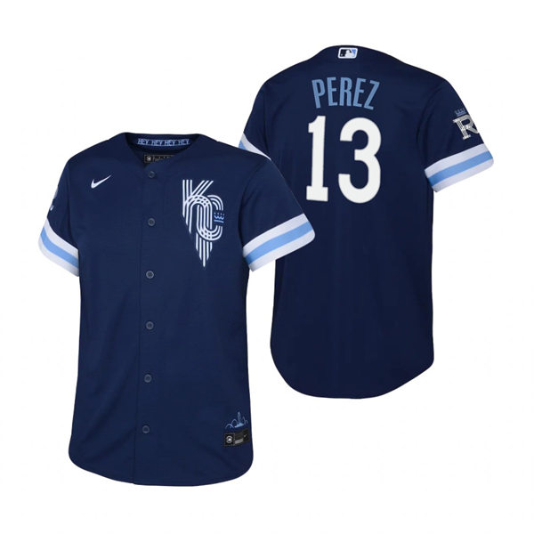 Youth Kansas City Royals #13 Salvador Perez Navy 2022 City Connect Jersey