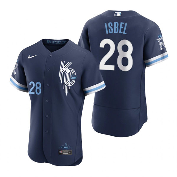 Men's Kansas City Royals #28 Kyle Isbel Nike Navy 2022 City Connect Jersey