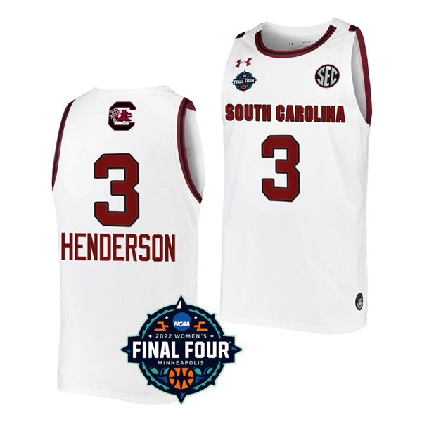 Women's South Carolina Gamecocks #3 Destanni Henderson White NCAA 2022 March Madness Final Four Basketball Jersey