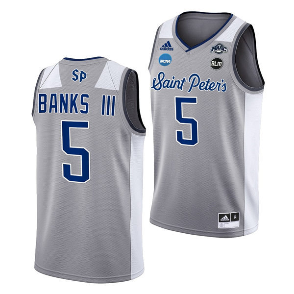 Mens Saint Peter's Peacocks #5 Daryl Banks III Adidas Grey College Basketball Game Jersey