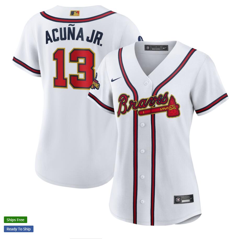 Women's Atlanta Braves #13 Ronald Acuna Jr. Nike White 2022 Gold Program Player Jersey