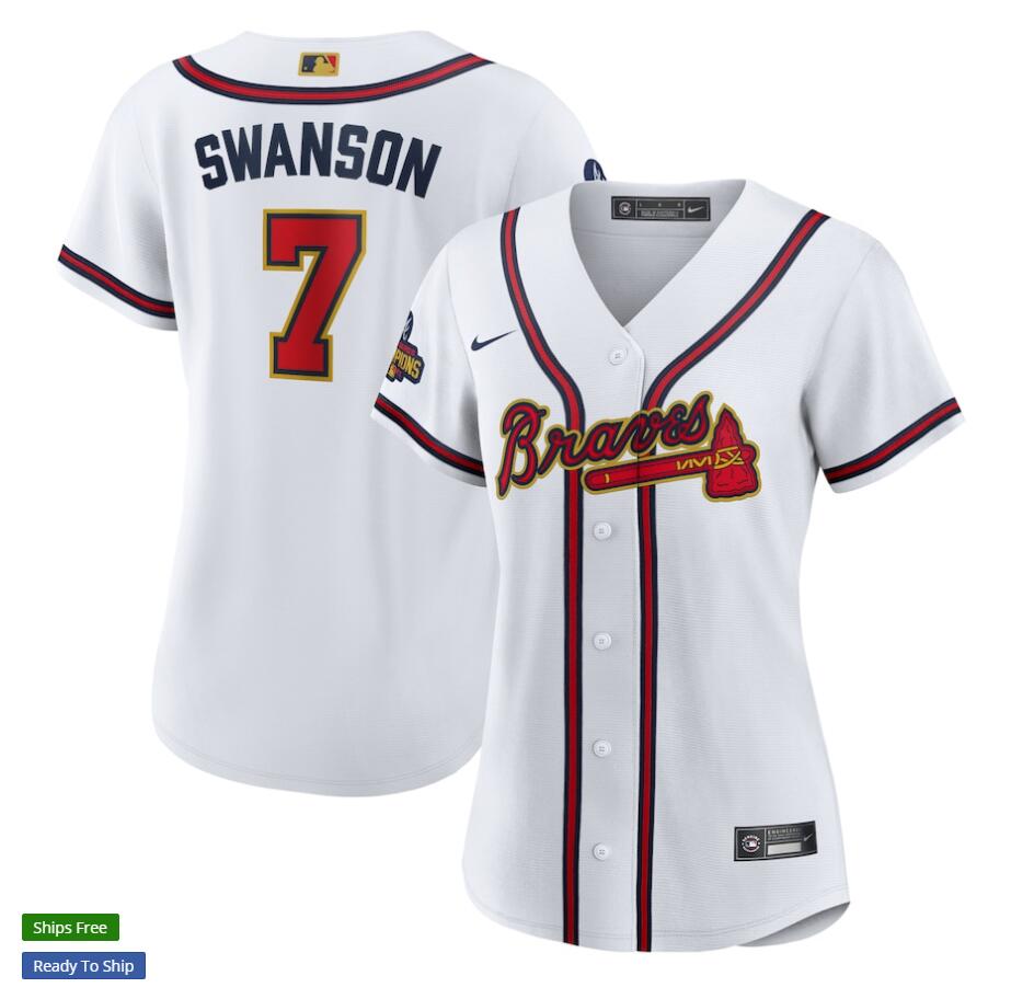 Women's Atlanta Braves #7 Dansby Swanson Nike White 2022 Gold Program Player Jersey
