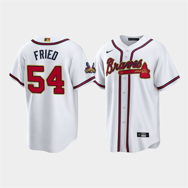 Men's Atlanta Braves #54 Max Fried White 2022 Gold Program World Championship Jersey