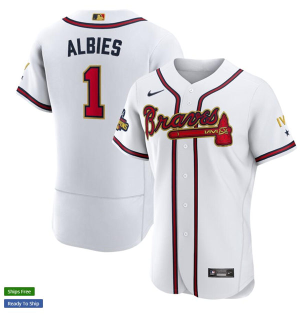 Men's Atlanta Braves #1 Ozzie Albies Nike White Gold Program 2022 World Championship Player Jersey