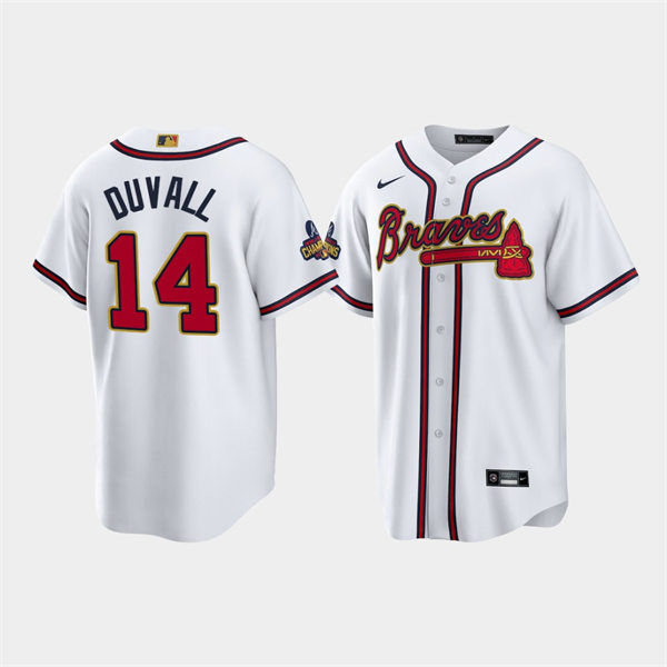 Men's Atlanta Braves #14 Adam Duvall White 2022 Gold Program World Championship Jersey