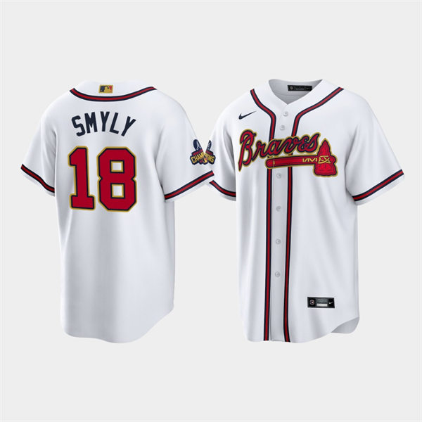 Men's Atlanta Braves #18 Drew Smyly White 2022 Gold Program World Championship Jersey