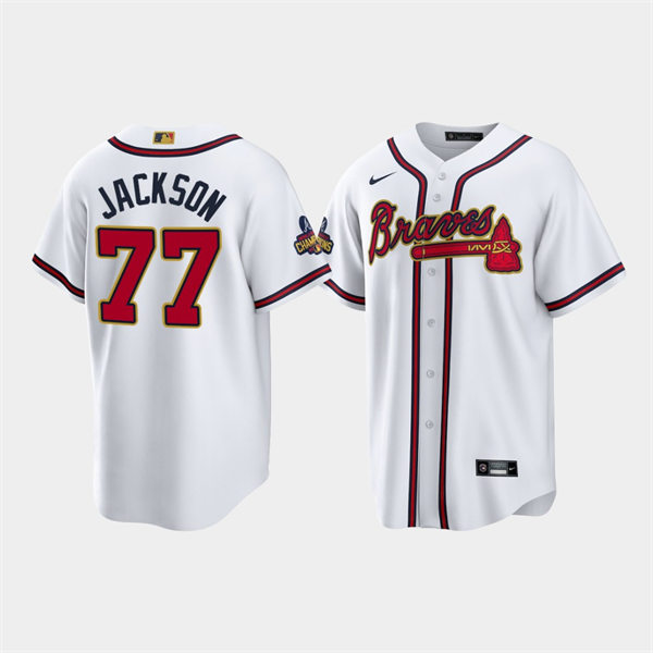 Men's Atlanta Braves #77 Luke Jackson White 2022 Gold Program World Championship Jersey