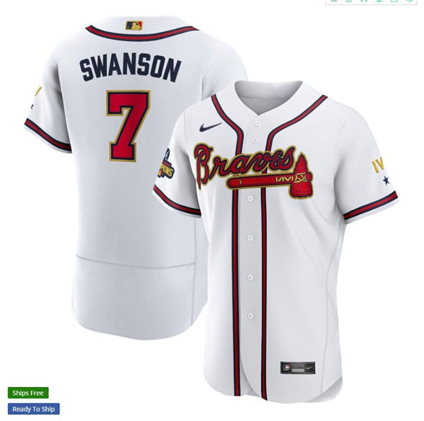 Men's Atlanta Braves #7 Dansby Swanson Nike White Gold Program 2022 World Championship Player Jersey