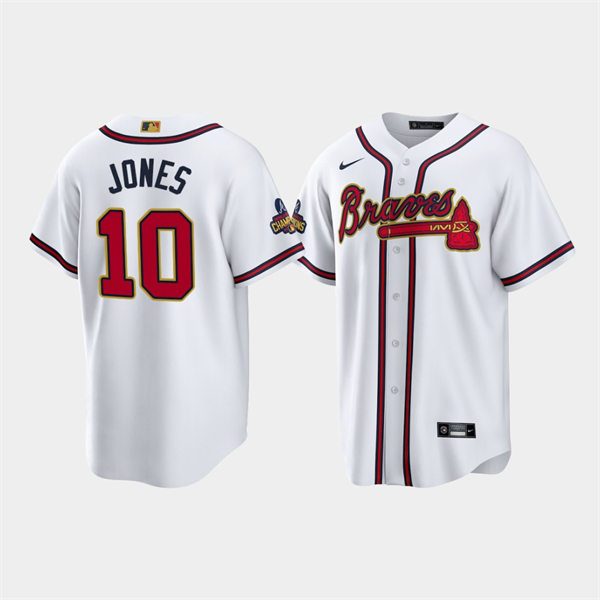 Men's Atlanta Braves #10 Chipper Jones White 2022 Gold Program World Championship Jersey