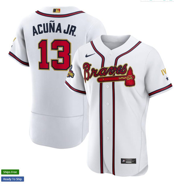 Men's Atlanta Braves #13 Ronald Acuna Jr. Nike White Gold Program 2022 World Championship Player Jersey