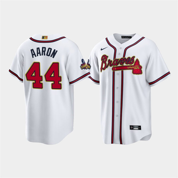 Men's Atlanta Braves #44 Hank Aaron White 2022 Gold Program World Championship Jersey