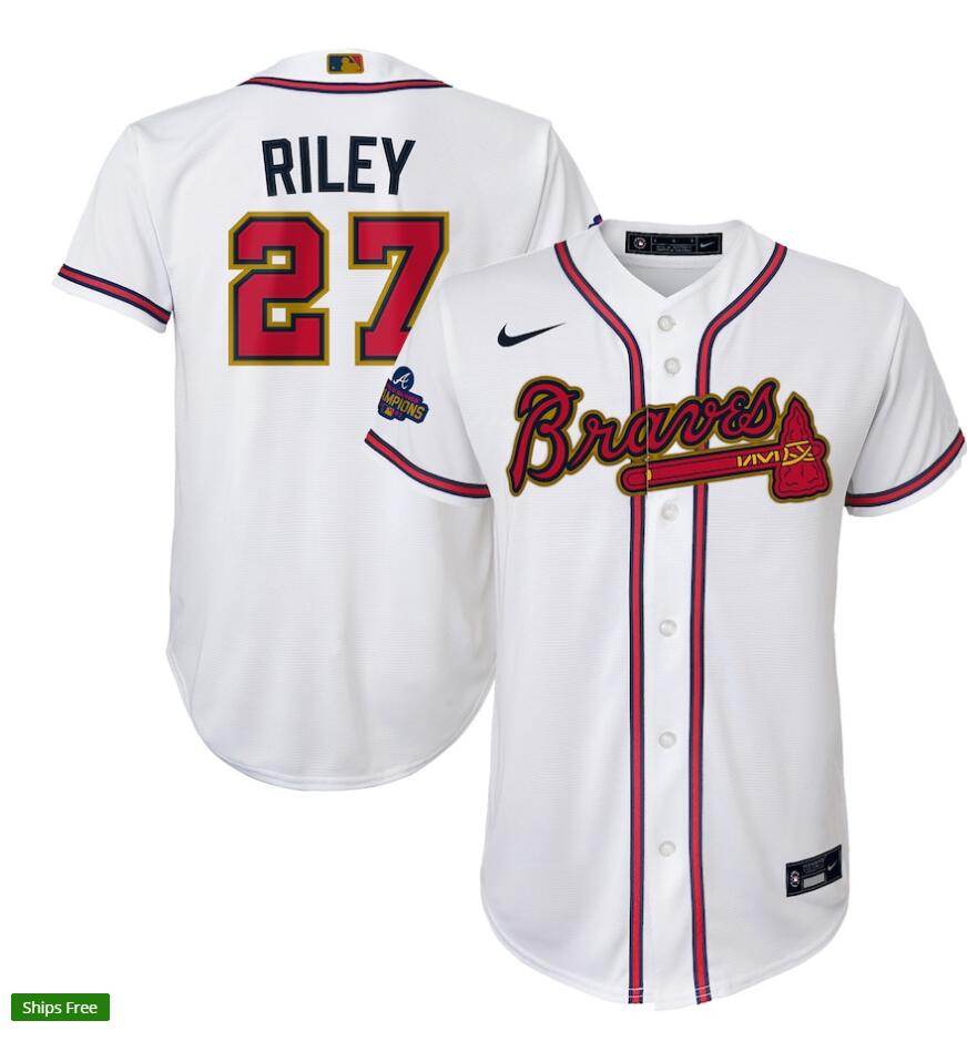 Youth Atlanta Braves #27 Austin Riley Nike White 2022 Gold Program Player Jersey