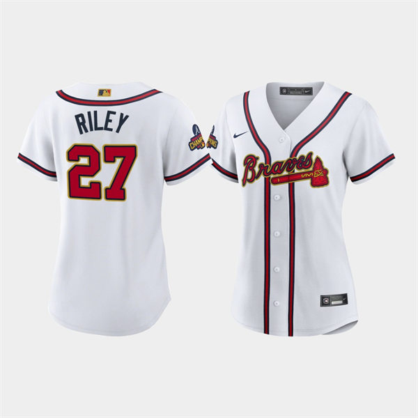 Women's Atlanta Braves #27 Austin Riley White 2022 Gold Program Jersey