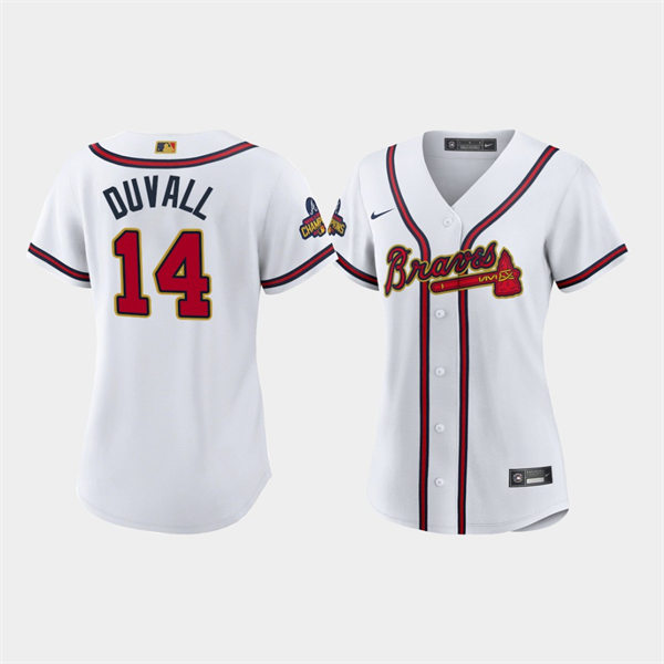 Women's Atlanta Braves #14 Adam Duvall White 2022 Gold Program Jersey