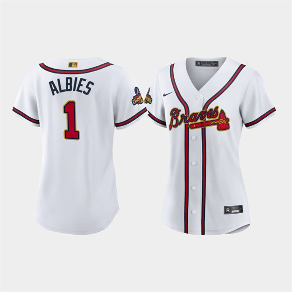 Women's Atlanta Braves #1 Ozzie Albies White 2022 Gold Program Jersey