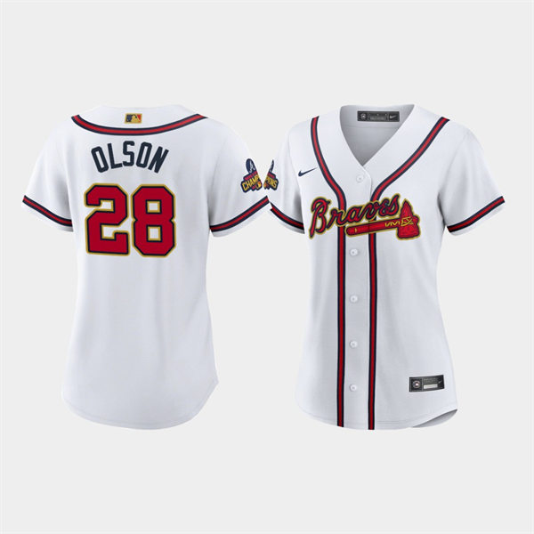 Women's Atlanta Braves #28 Matt Olson White 2022 Gold Program Jersey