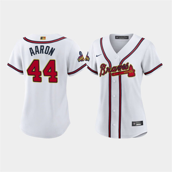 Women's Atlanta Braves #44 Hank Aaron White 2022 Gold Program Jersey