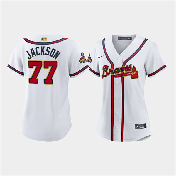 Women's Atlanta Braves #77 Luke Jackson White 2022 Gold Program Jersey