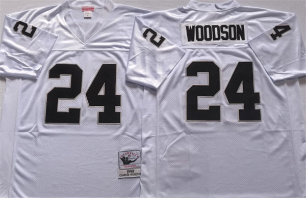 Mens Oakland Raiders #24 Charles Woodson 1998 White Mitchell&Ness Throwback Jersey