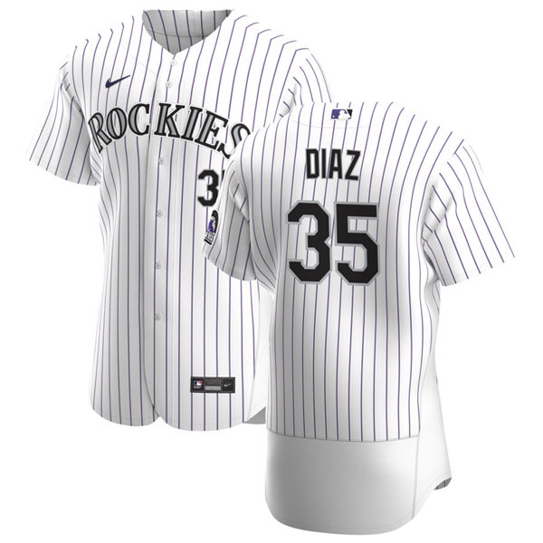 Mens Colorado Rockies #35 Elias Diaz Nike Home White Pinstripe FlexBase Player Jersey