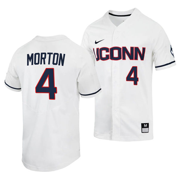 Mens UConn Huskie #4 Korey Morton Nike White College Baseball Game Jersey