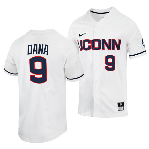 Mens UConn Huskie #9 Casey Dana Nike White College Baseball Game Jersey