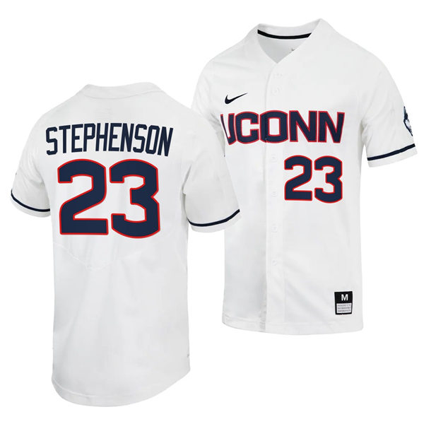 Mens UConn Huskie #23 Zach Stephenson Nike White College Baseball Game Jersey