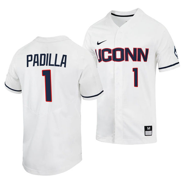 Mens UConn Huskie #1 Bryan Padilla Nike White College Baseball Game Jersey