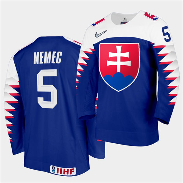 Mens Slovakia Hockey Team #5 Simon Nemec 2021 IIHF World Junior Championship Away Blue Jersey